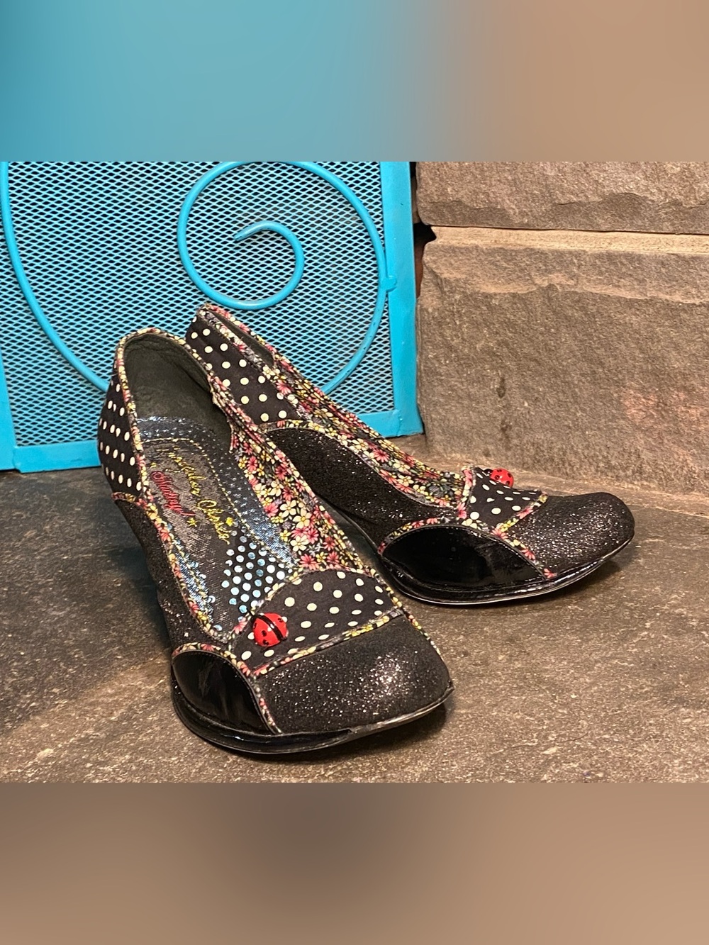 Irregular Choice Little Ladybug heels,black patent leather,sparkle,polka dot,8